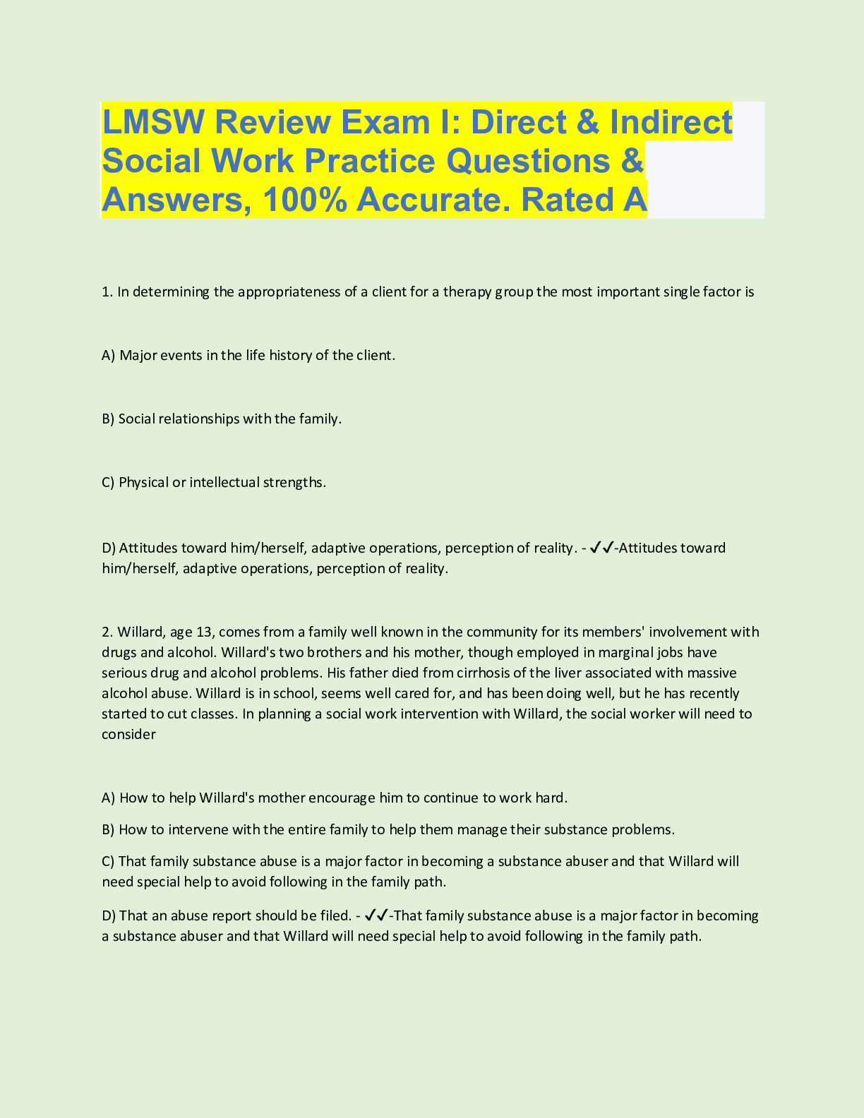 Preview of LMSW Review Exam I: Direct & Indirect  Social Work Practice Questions &  Answers, 100% Acc